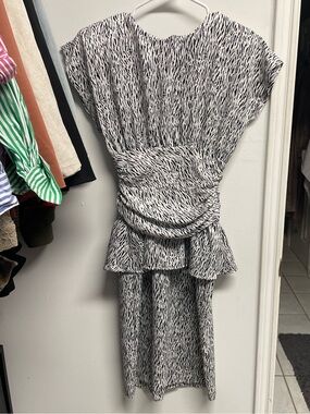 80s vintage Black and white Printed Peplum Midi Dress